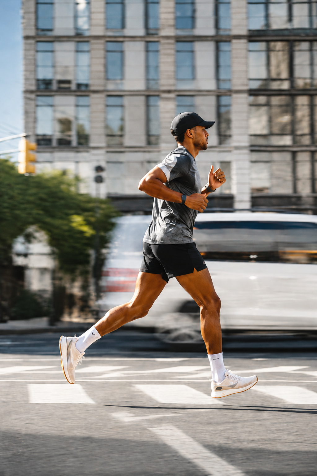 A man running across a city crosswalk wearing a gray patterned t-shirt, black athletic shorts, white socks, and white running shoes, with a blurred urban background of buildings and cars.