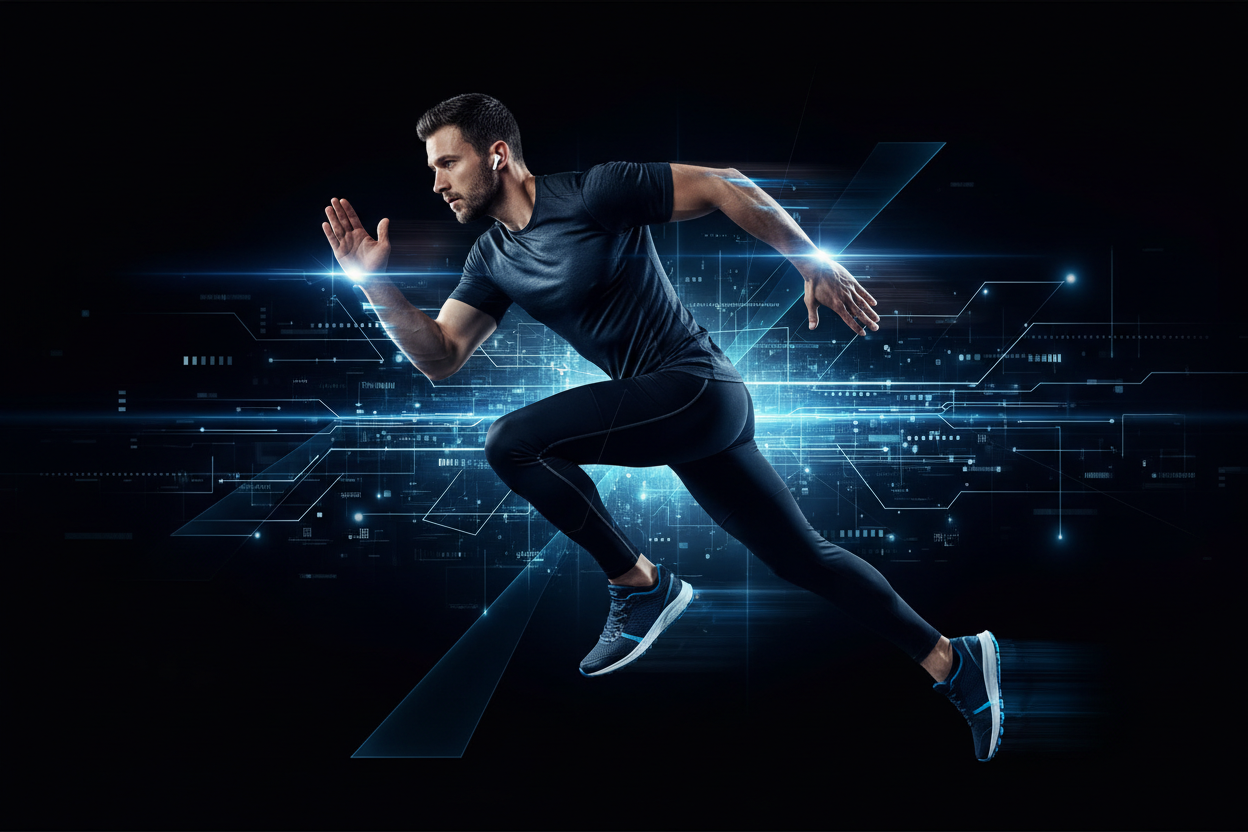 
Create a promotional image of a man running in a technical black background with running shoes. Technical lines &amp; effects.