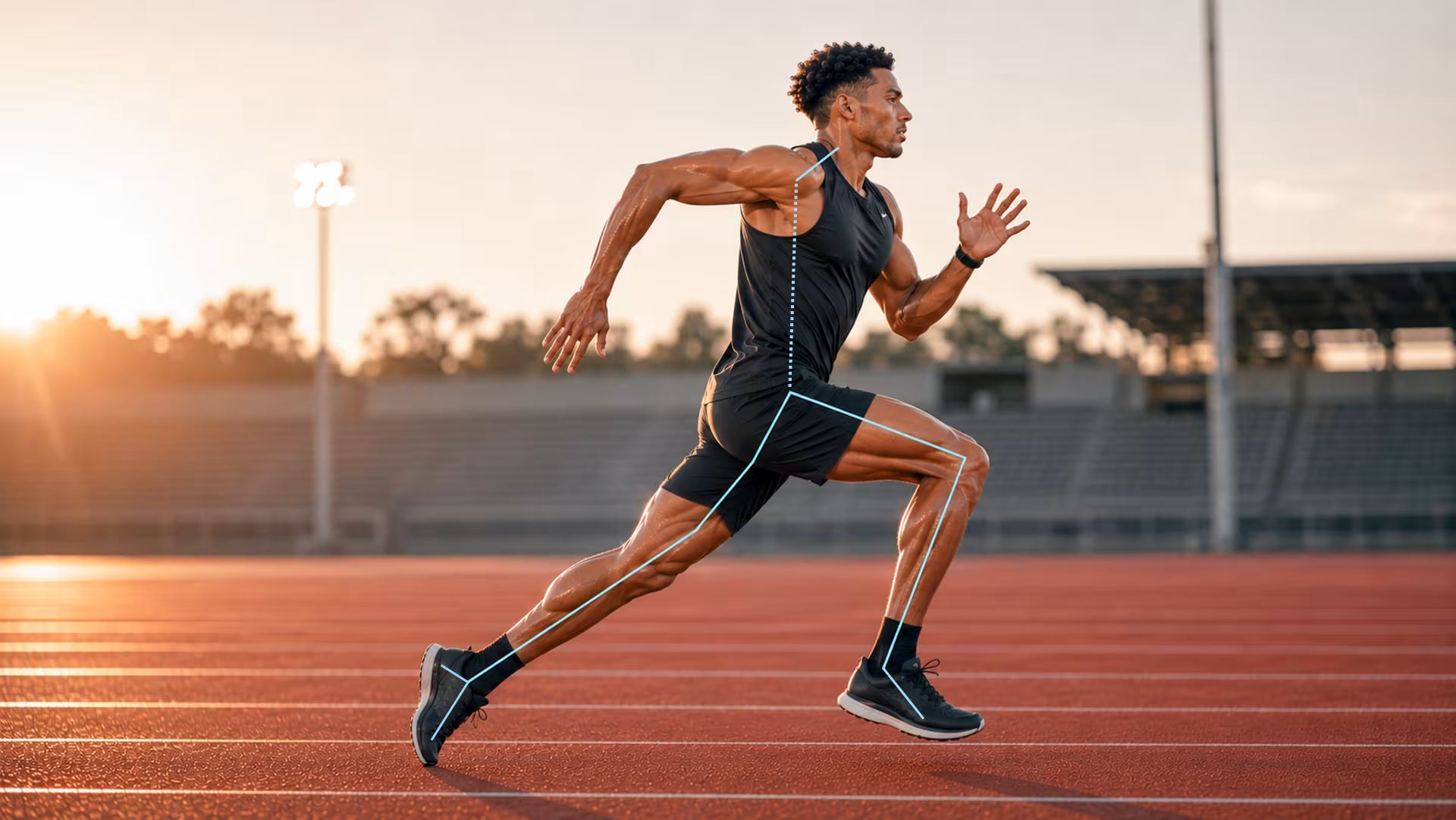 Runner with alignment markers showing how foot support relates to the knees, hips and upper body
